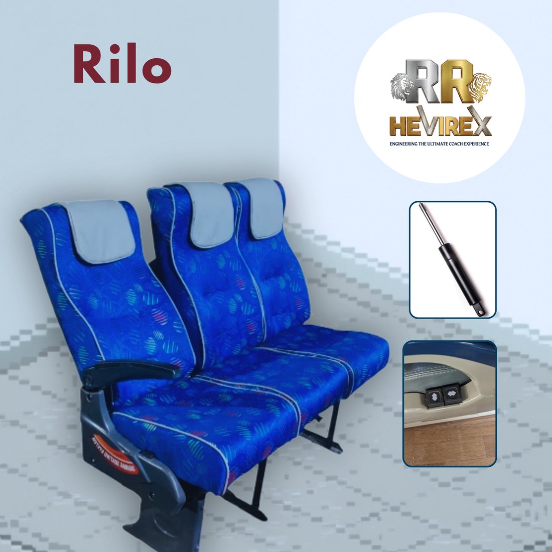 Rilo 3+2 gas spring recline tourist bus seat, button type, RR Hevirex Coach Builders Karur